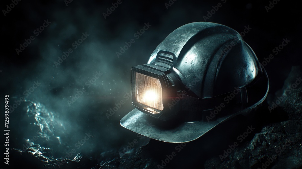 Obraz premium A hard hat with an integrated headlamp glowing on a deep industrial charcoal background