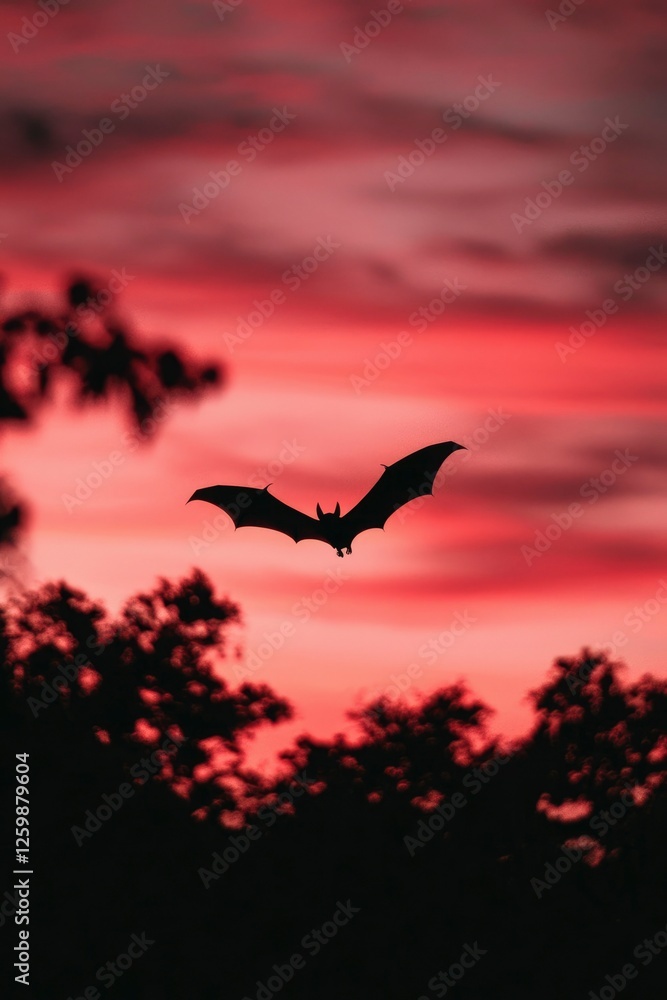 Naklejka premium Bat flying over the forest at dusk, with a red sky background, for Halloween designs