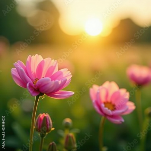 Soft petals of pink flowers gently sway in morning breeze, field, sunrise, blooming