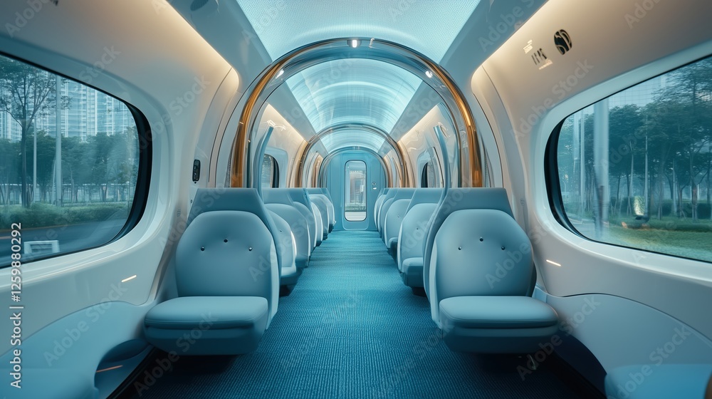 Futuristic high-speed train interior with modern blue seats and curved glass windows. Transportation, travel, and technology concept Futuristic high-speed train interior with modern blue seats and curved glass windows. Transportation, travel, and technology concept