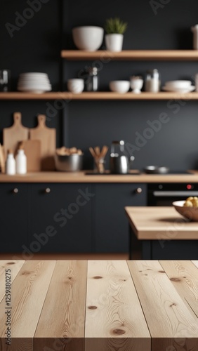 Wooden table background of free space for your decoration and blurred background of kitchen. Copy space.Dark mood interior. Kitchen furniture photo