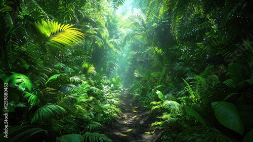 Fototapeta Naklejka Na Ścianę i Meble -  Lush tropical jungle pathway illuminated by soft sunlight filtering through dense foliage