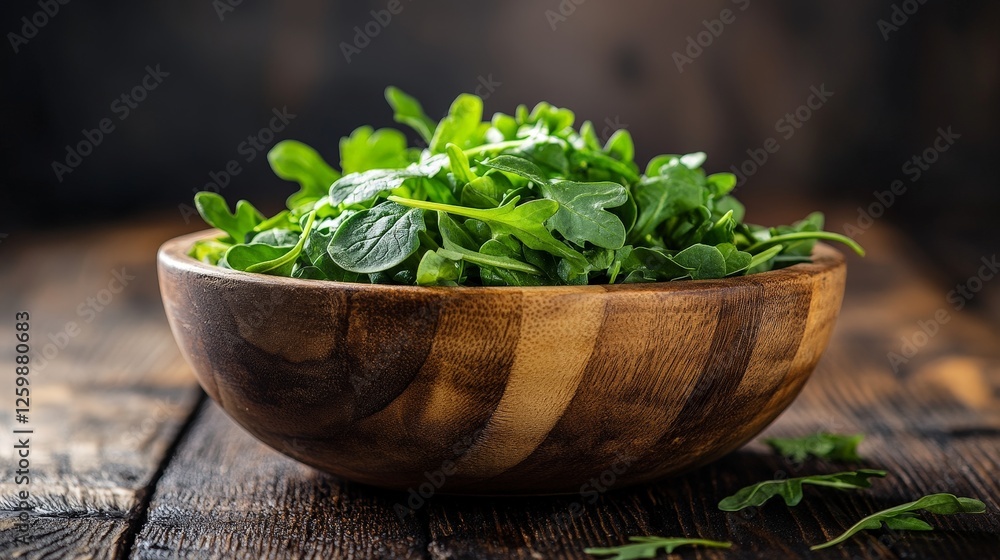 A wooden bowl filled with fresh green arugula leaves on a rustic wooden surface. A wooden bowl filled with fresh green arugula leaves on a rustic wooden surface.