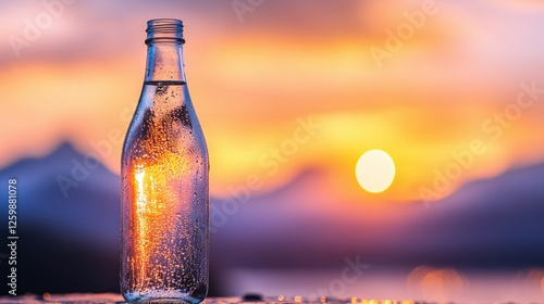 Glass bottle of sparkling water with condensation on a reflective surface, set against a vibrant sunset sky. Hydration and natural purity concept.