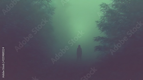 A lone shadowy figure emerges from the depths of a misty foreboding forest its identity and purpose obscured by the swirling fog and brooding atmospheric surroundings photo