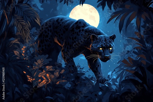 Fototapeta Naklejka Na Ścianę i Meble -  Night jaguar jungle moon wildlife print