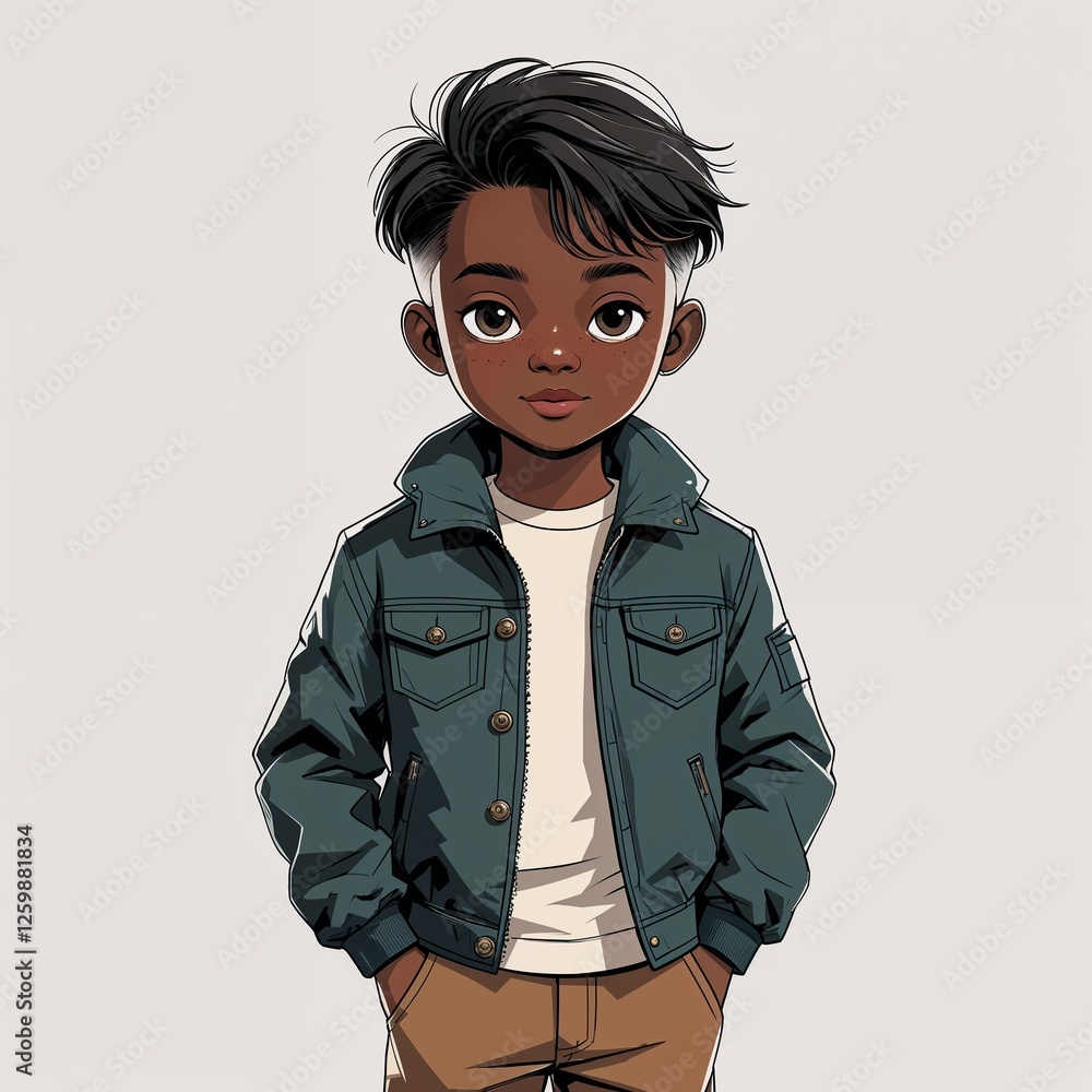Black boy short hair jacket and trousers cartoon illustration on plain white background Black boy short hair jacket and trousers cartoon illustration on plain white background