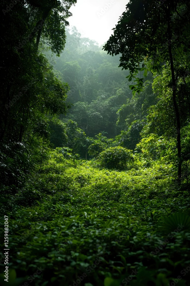 Obraz premium Lush forest, dense foliage, verdant growth, sunlight. Serene background use