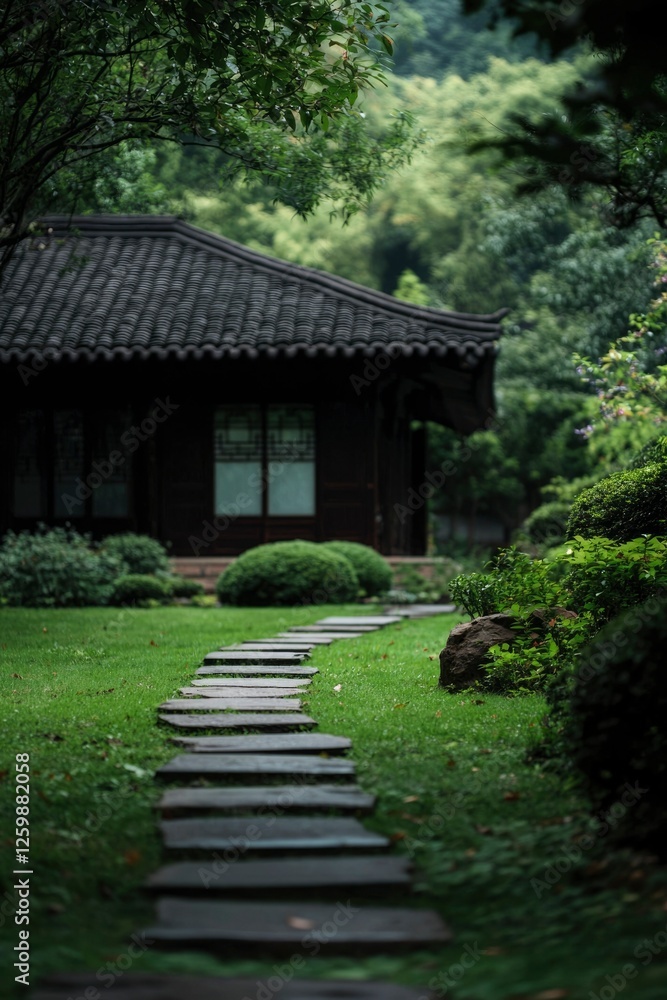 Tranquil house with stone path in a lush forest, for peaceful living promo Tranquil house with stone path in a lush forest, for peaceful living promo