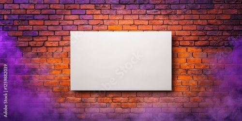 Fototapeta Naklejka Na Ścianę i Meble -  Blank horizontal canvas frame on orange and purple brick wall with soft smoke effect in halloween theme