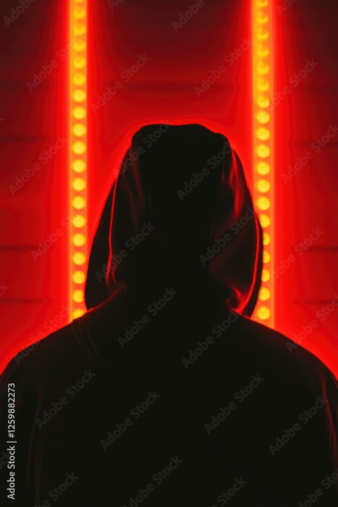 Man in hoodie, back view, stands in front of bright, red light. Mystery use Man in hoodie, back view, stands in front of bright, red light. Mystery use