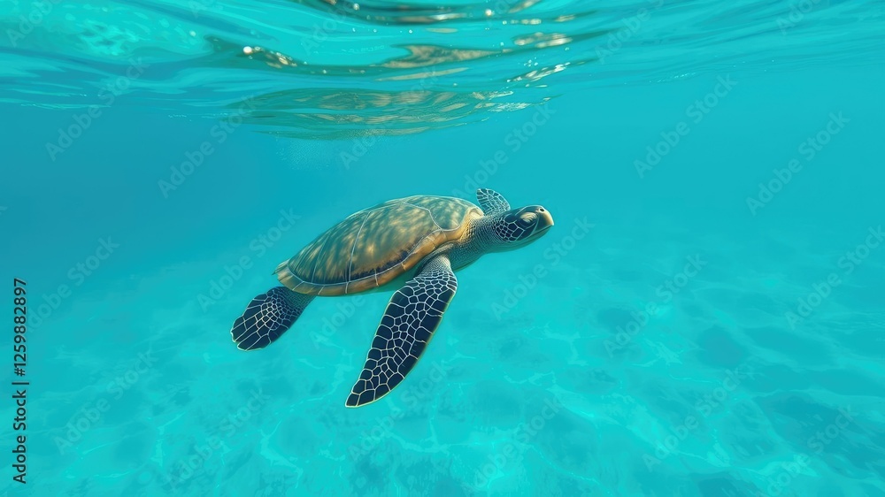 Obraz premium Swimming in turquoise ocean waters with a sea turtle gliding effortlessly beneath the surface, coral reef,
