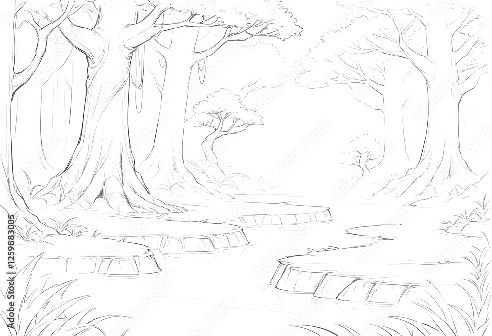 Fototapeta premium Detailed Pencil Sketch of a Lush Forest Scene by a Waterway. A captivating detailed pencil sketch portrays a tranquil forest scene