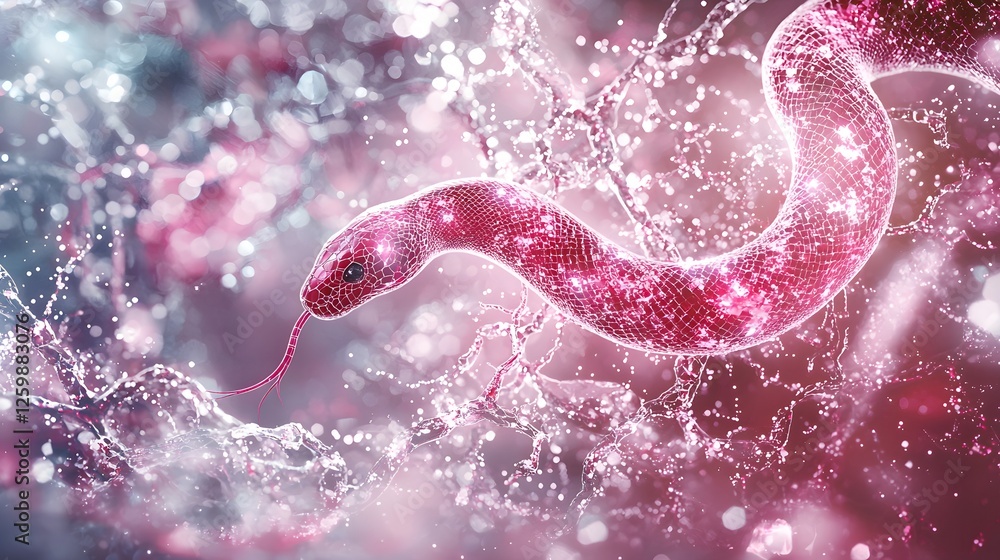 Obraz premium Abstract Pink Snake in Water Splash Digital Art 3D Render Wireframe Glowing Mystical