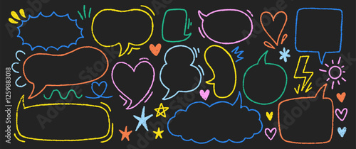 Set of crayon speech bubble or text frames. Pastel, chalk or pencil vector illustration on a black background.