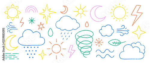 Collection of weather symbols with crayon, chalk and pastel texture. Colorful vector illustration of rain, storm, sun, star, lightning on a white background.
