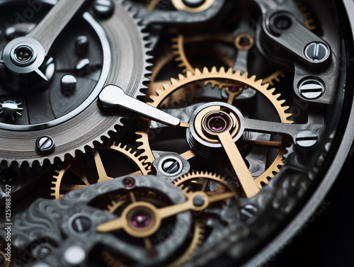 A macro shot of a highly detailed watch mechanism, showing gears, springs, and metal parts in ultra-realistic detail, captured with soft lighting to emphasize its precision. photo