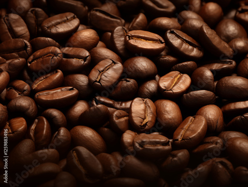 A close-up of freshly roasted coffee beans, showcasing rich brown tones, intricate textures, and the oils on the surface, all captured with ultra-realistic detail and soft lighting. photo