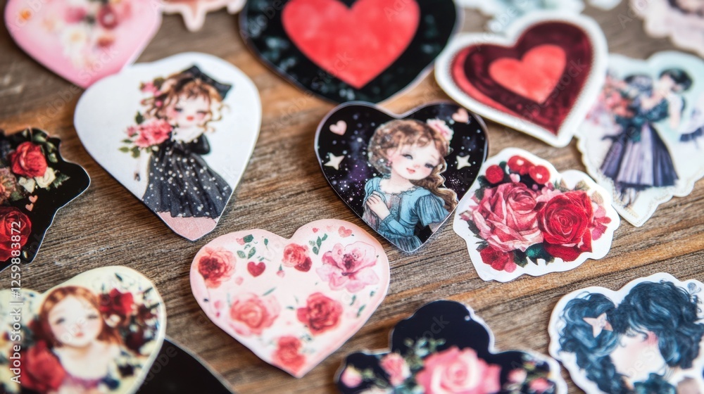 A collection of cute heart-shaped stickers in various shades of red and pink, arranged on a pastel background. A collection of cute heart-shaped stickers in various shades of red and pink, arranged on a pastel background.