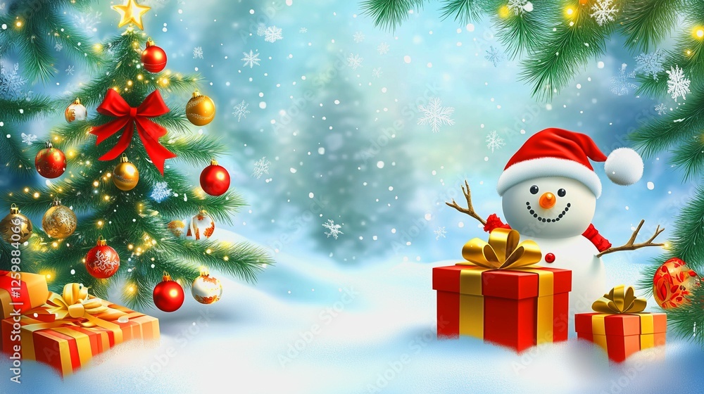 A Christmas illustration with a Christmas tree in the corner, a gift box and a snowman. A festive winter poster with a place for text in the middle. A Christmas illustration with a Christmas tree in the corner, a gift box and a snowman. A festive winter poster with a place for text in the middle.