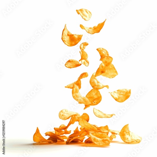 fried potato chips falling, white background