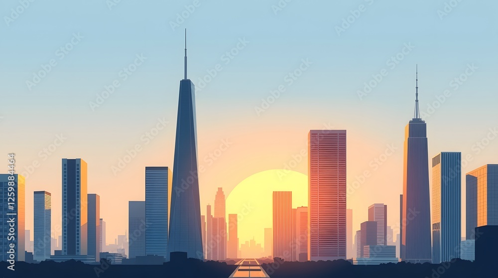 Obraz premium Modern flat design illustration of a cityscape featuring towering skyscrapers
