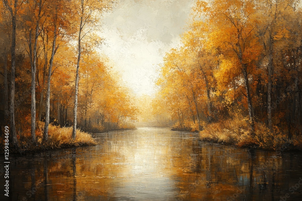 Obraz premium Autumn River Path, Golden Trees, Calm Waters, Peaceful Landscape, Nature Art