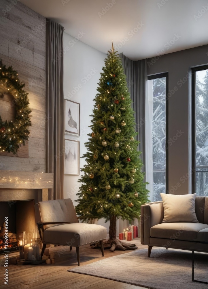 Tall pine Christmas tree in a modern room with sleek furniture and soft lighting, serene, christmas tree, peaceful Tall pine Christmas tree in a modern room with sleek furniture and soft lighting, serene, christmas tree, peaceful
