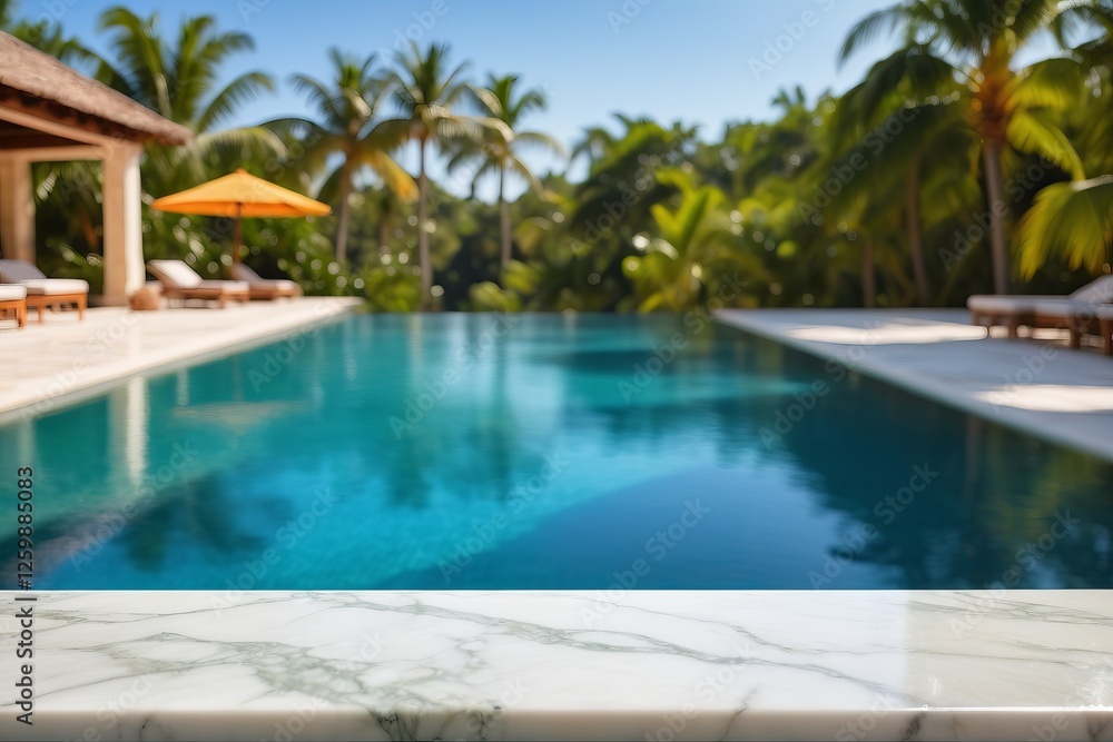 marble pedestal display over Luxury swimming pool in a tropical hotel garden with palm trees and blue sky marble pedestal display over Luxury swimming pool in a tropical hotel garden with palm trees and blue sky