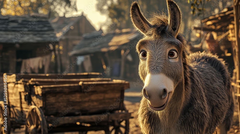 Charming Donkey in Rustic Village During Warm Golden Sunset Background Charming Donkey in Rustic Village During Warm Golden Sunset Background