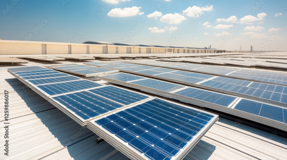 Fototapeta premium vast solar farm with rows of solar panels under clear blue sky, showcasing renewable energy technology and sustainability . offering a efficient and eco-friendly solution with photovoltaic technology