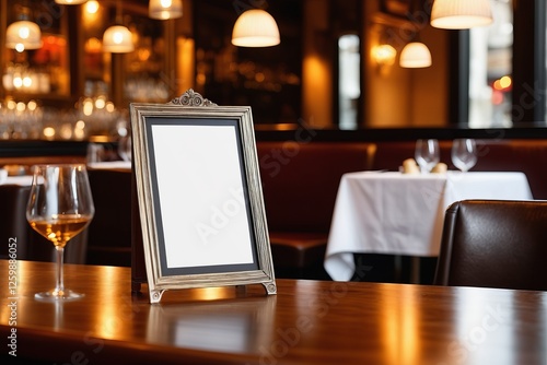 Blank billboard and empty menu in a restaurant with wooden tables and glass windows at night photo