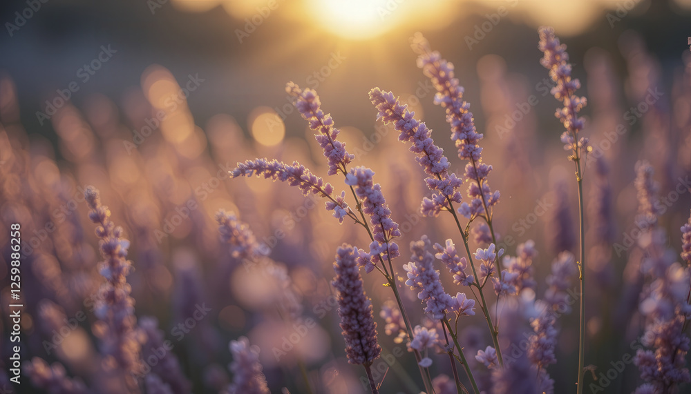 Obraz premium Lavender field at sunset with warm sunlight and soft focus creating serene atmosphere