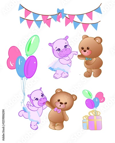 Wallpaper Mural hippo girl dance boy bear holiday balls flags joy animals vector illustration Torontodigital.ca