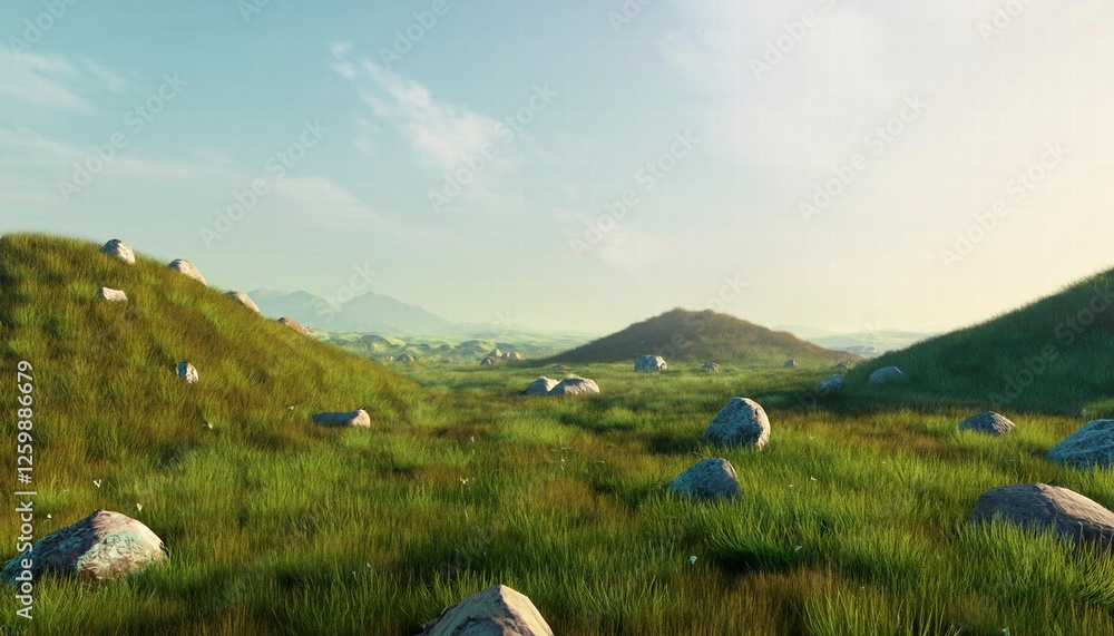 Fototapeta premium Rolling green hills dotted with rocks under a clear sky