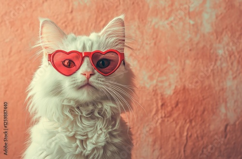 With heart-shaped sunglasses, the white cat displays a charmingly playful demeanor and an adorable face photo