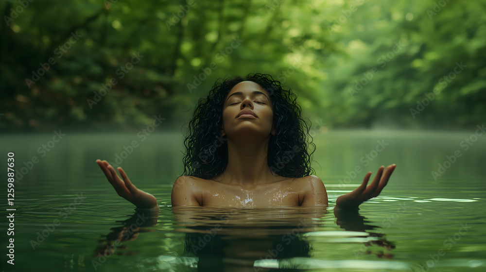 Fototapeta premium Woman meditating in a serene forest lake surrounded by lush green trees during a tranquil morning