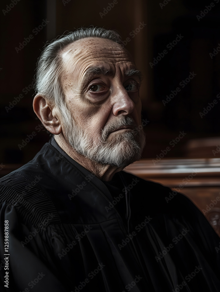 Elderly judge seated in courtroom, deep in thought, reflecting on an important case during a trial Elderly judge seated in courtroom, deep in thought, reflecting on an important case during a trial