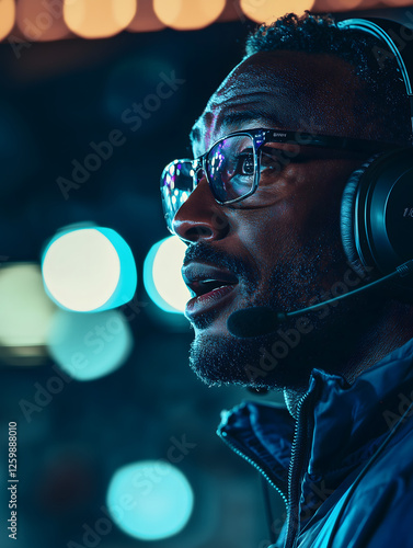 Take a closer look at the commentator wearing a headset, who is actively engaged in the lively atmosphere of the vibrant event photo