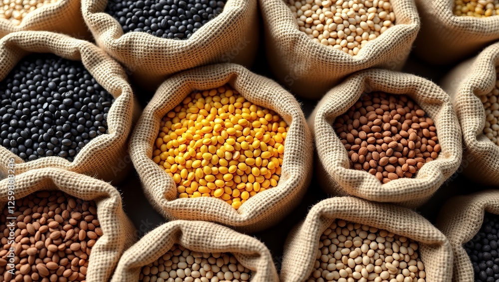 Obraz premium various lentils and beans in burlap sacks. 
