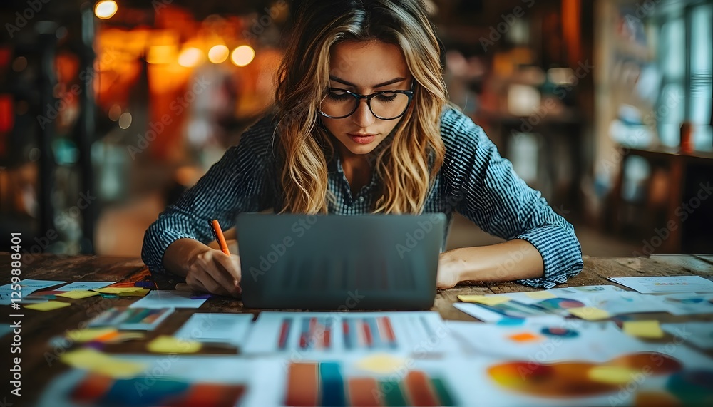 Fototapeta premium Focused Young Woman Conducting Research and Analysis While Sitting at a Table Covered with Colorful Charts, Graphs, and Notes in a Creative Workspace