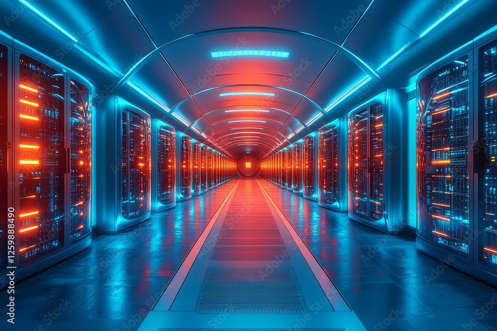 Fototapeta premium Futuristic Data Center with Rows of Server Towers in Metallic Blue: Symmetrical Composition and High-Tech Atmosphere