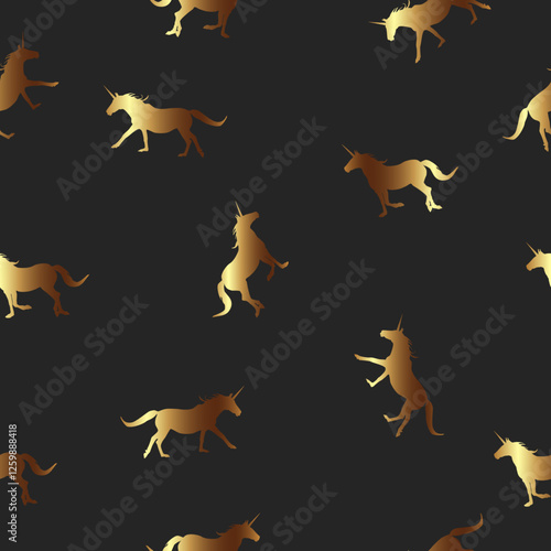 Seamless pattern golden Unicorns silhouettes running isolated on black background. Fantasy fairytale wild animals print for textile, wall paper. Magical horses repetitive texture, vector design eps 10