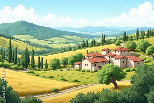 Wallpaper Mural A beautiful landscape oil painting  picturesque village nestled amongst rolling hills and lush green fields. Torontodigital.ca