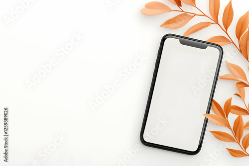 Mobile phone mockup with blank screen next to autumn leaves on white background photo