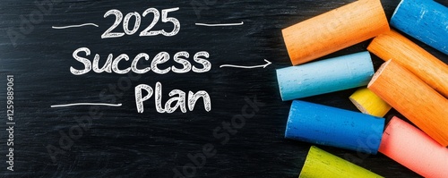 Colorful chalk illustration on a blackboard, featuring the words 2025 Success Plan with vibrant chalk pieces, symbolizing vision and organized strategic setup