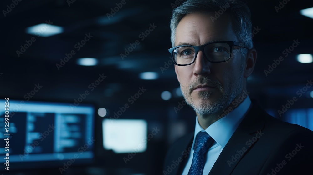 Portrait of a serious businessman in a dark office with multiple computer screens. Concept of cyber security and corporate leadership Portrait of a serious businessman in a dark office with multiple computer screens. Concept of cyber security and corporate leadership