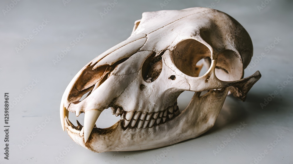 Naklejka premium Fine bone details in a slender fox skull with prominent canine teeth