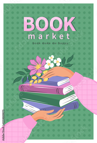 Layout design for bookstore, bookshop or library. Books with spring flowers. Vector illustration for poster, cover, marketing, sale.