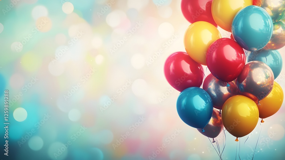 Bunch of colorful party balloons floating against a blurred backdrop Bunch of colorful party balloons floating against a blurred backdrop